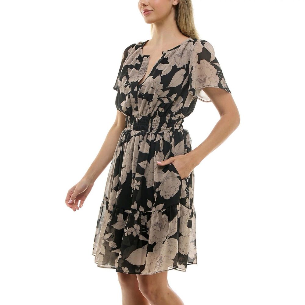 Taylor Mini Dress Size 12 Brown Chiffon Black Smocked Women's New Retail $79
